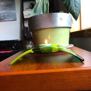 Timeless, fused glass art; hand blown tea candle holder, bridge in green nuances